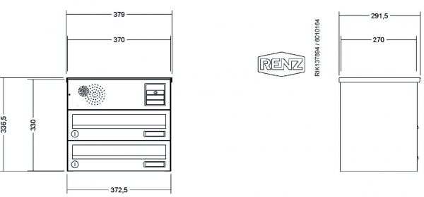 RENZ Briefkastenanlage Aufputz, Verkleidung Basic B, Kastenformat 370x110x270mm, 2-teilig, Vorbereitung Gegensprechanlage